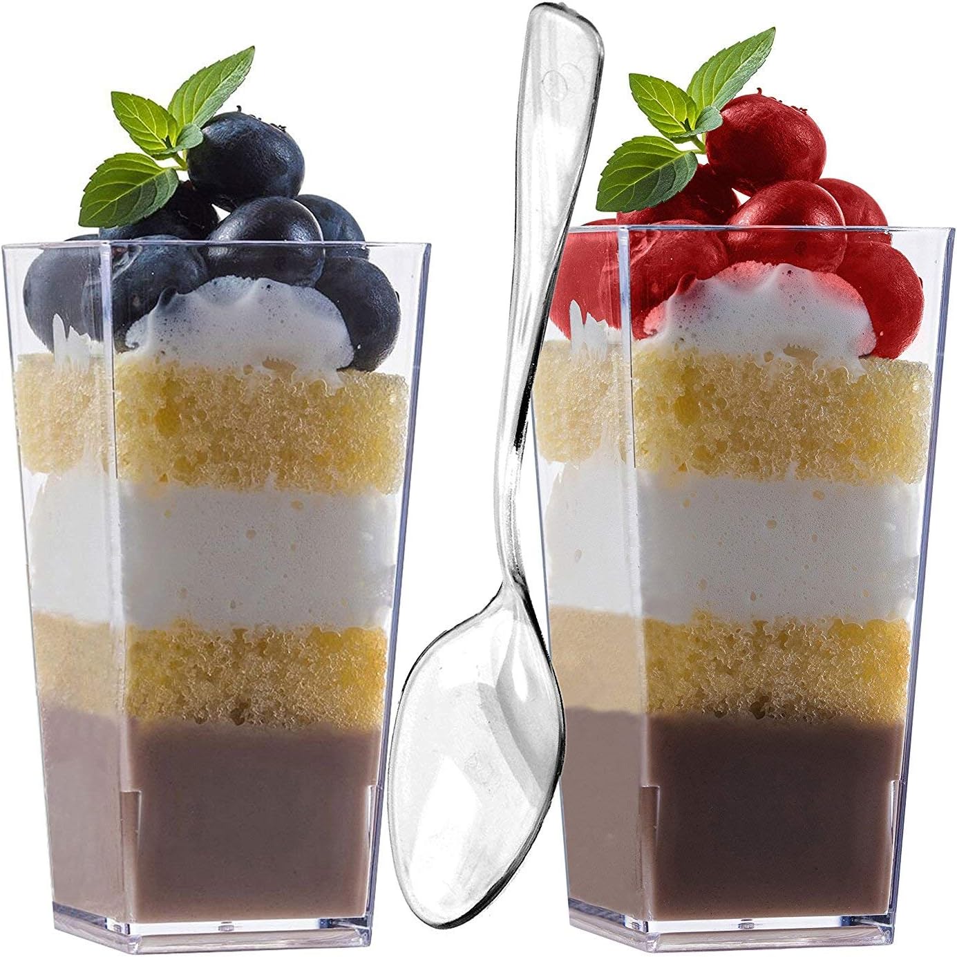100 3oz Mini Dessert Cups & 100 Tasting Spoons Tall Square Clear Plastic Dessert Glasses Disposable Shot Glass Tumbler Shooter Cups Parfait Glasses Sample Appetizer Bowls Trifle Bowl 3 oz
