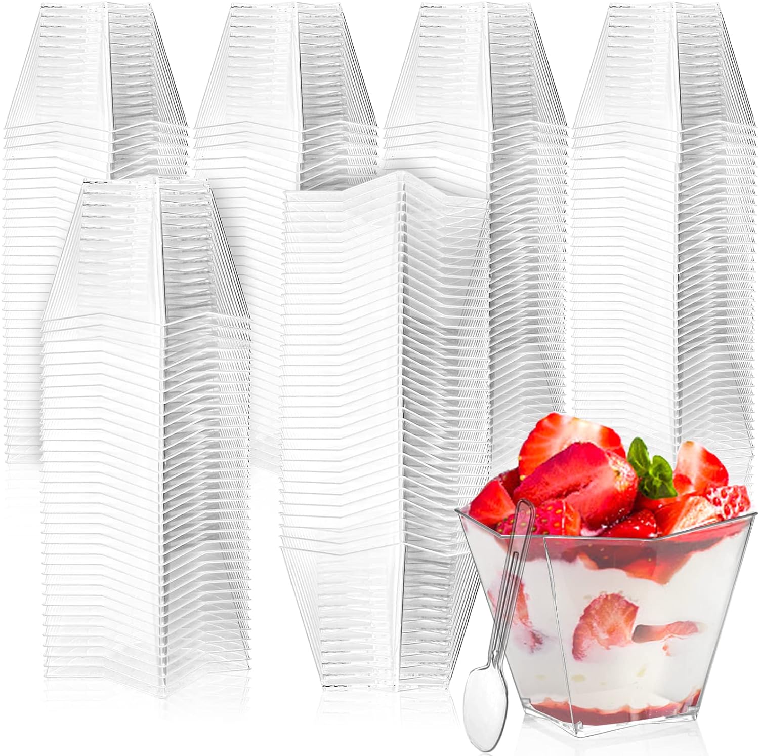 100 Pack 4 Oz Dessert Cups with Spoon, Clear Plastic Cups, Mini Disposable Square Parfait Shooters Cups for Appetizer, Ice Cream, Pudding, Tasting Party